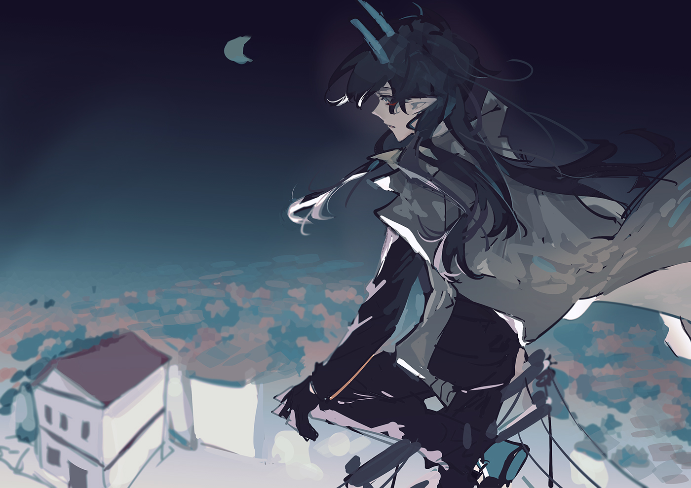 an anime girl with black hair and red eyes, wearing a white coat, stands on a rooftop at night. the city lights illuminate the clouds in the background. a crescent moon hangs in the sky. the artwork is in a digital painting style and has a fantasy feel.