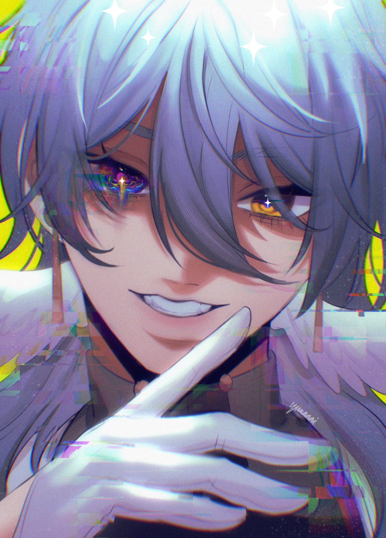 a closeup portrait of a male anime character with purple hair, white gloves, and a smirk. one eye is blue with glitter while the other is yellow. the character is drawn in a colorful, neon style with pixelated effects and glitches. the background is a blend of yellow and purple with a futuristic and cyberpunk vibe. the art is vibrant and bold, creating a cool and stylish aesthetic.