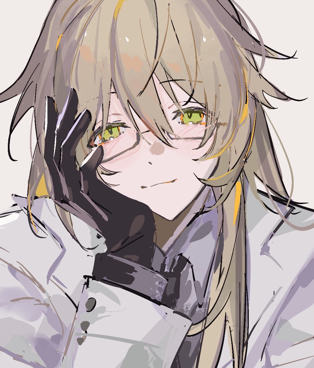 a closeup illustration of an anime girl with long blonde hair, wearing glasses, a white coat, and black gloves. she is smiling, and her hand is resting on her chin. the background is a soft white.