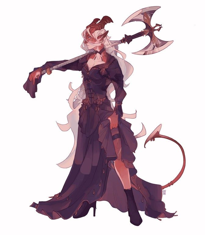 this is a digital illustration of a female demon with horns, a tail, and a large axe. she is wearing a black dress and boots. her hair is long and white, and her eyes are a deep, mysterious brown. she is standing in a confident pose, ready to fight. the illustration has a fantastical and alluring aesthetic.