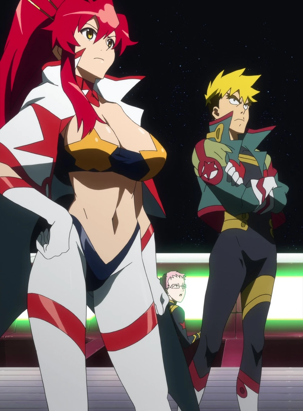 this is an anime illustration of three people. the center character is a woman with red hair and a red and white suit. she is standing with a serious expression. the man on the right has blond hair and is wearing a green and red suit. the woman on the left is wearing glasses and has pink hair. she is wearing a dark suit with a red star on it. they are all standing in front of a dark background with stars.