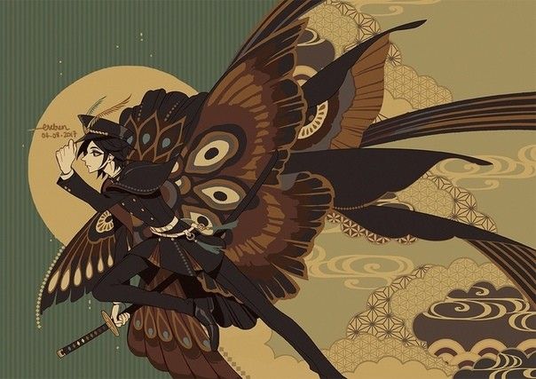 this is a digital illustration of a male anime character with wings and a sword. he is dressed in a dark coat and hat, with a butterfly wing design that blends into his clothing. the character is against a background of stylized clouds and traditional japanese patterns in brown, gold, and green.