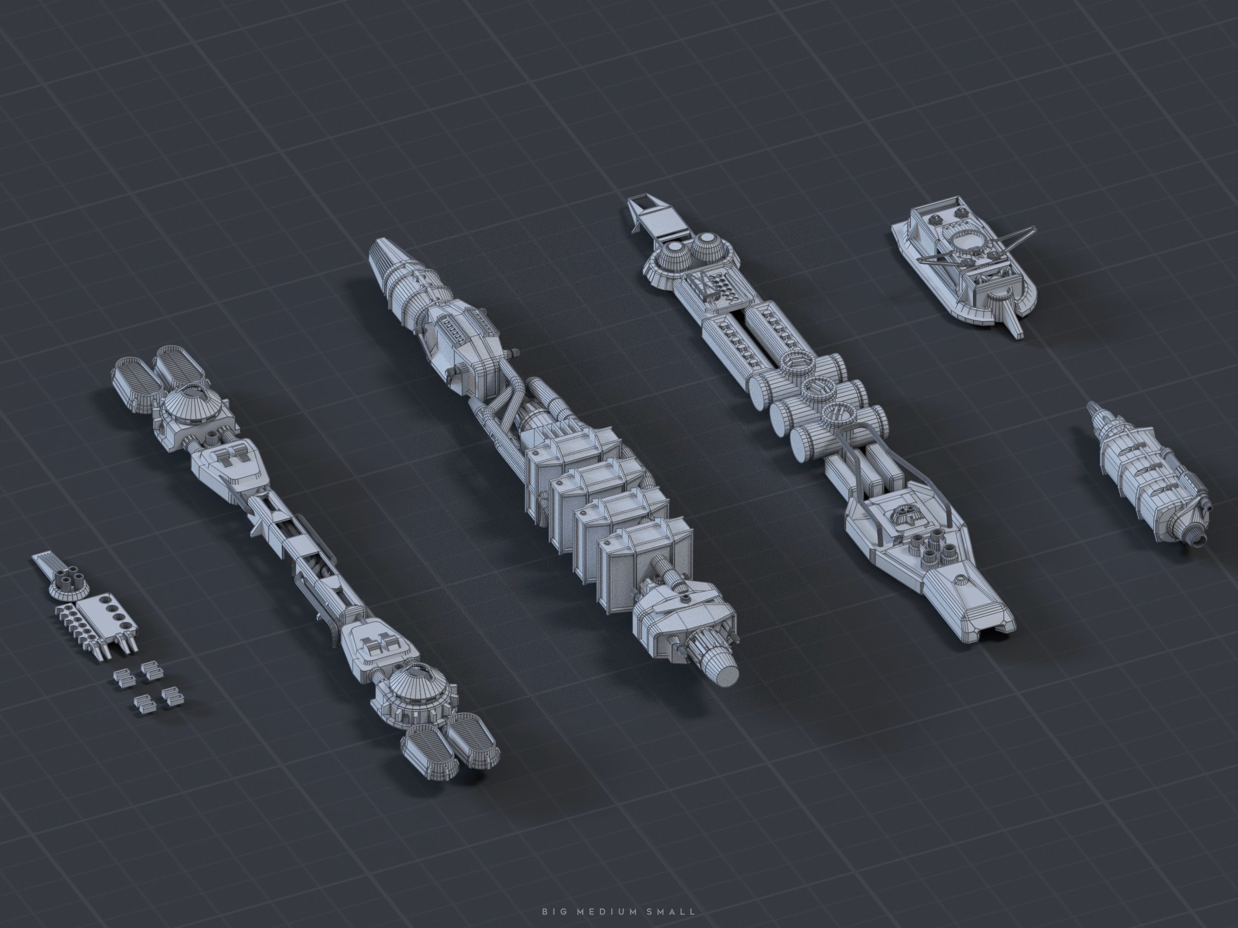 the image shows a wireframe rendering of five different spaceship components or modules, possibly for a modular spacecraft design.  they vary significantly in size and shape, with one being labeled as "big," another "medium," and another "small."  the models are rendered in a light gray wireframe style against a dark gray gridded background. the overall style suggests a conceptual design phase of a science fiction vehicle.  there is a small group of smaller parts in the lower left, suggesting these are additional components or pieces.