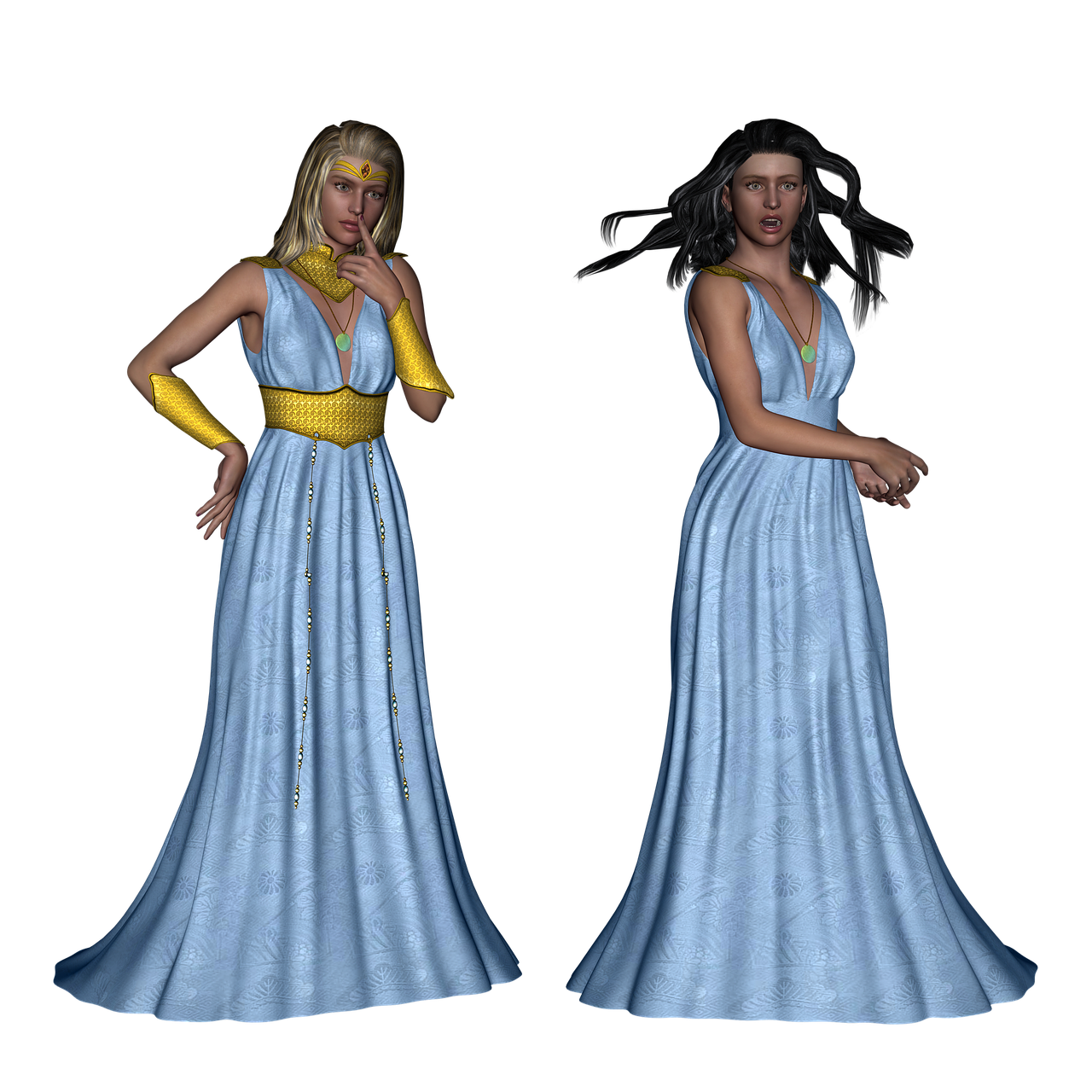 two women in long blue dresses stand against a black background. the woman on the left has blonde hair and is adorned with gold accessories on her arms, waist, and head. the woman on the right has dark hair and wears a necklace with a green pendant. both women are wearing similar light blue dresses that have a texture of a leaf pattern printed on them.