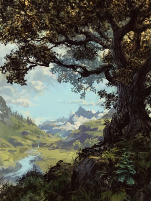 the image is a digital painting depicting a tranquil landscape.  a large, ancient oak tree dominates the foreground, its branches extending across the upper portion of the image, partially obscuring the view.  the tree's gnarled trunk and roots are visible at the bottom right. beyond the tree, a picturesque valley unfolds, featuring a meandering river flowing through lush green hills.  distant, snowcapped mountains create a dramatic backdrop under a soft, partly cloudy sky. the overall style is painterly and evocative, creating a sense of serenity and fantasy. the color palette is predominantly greens, blues, and browns, with touches of white in the clouds and mountains.