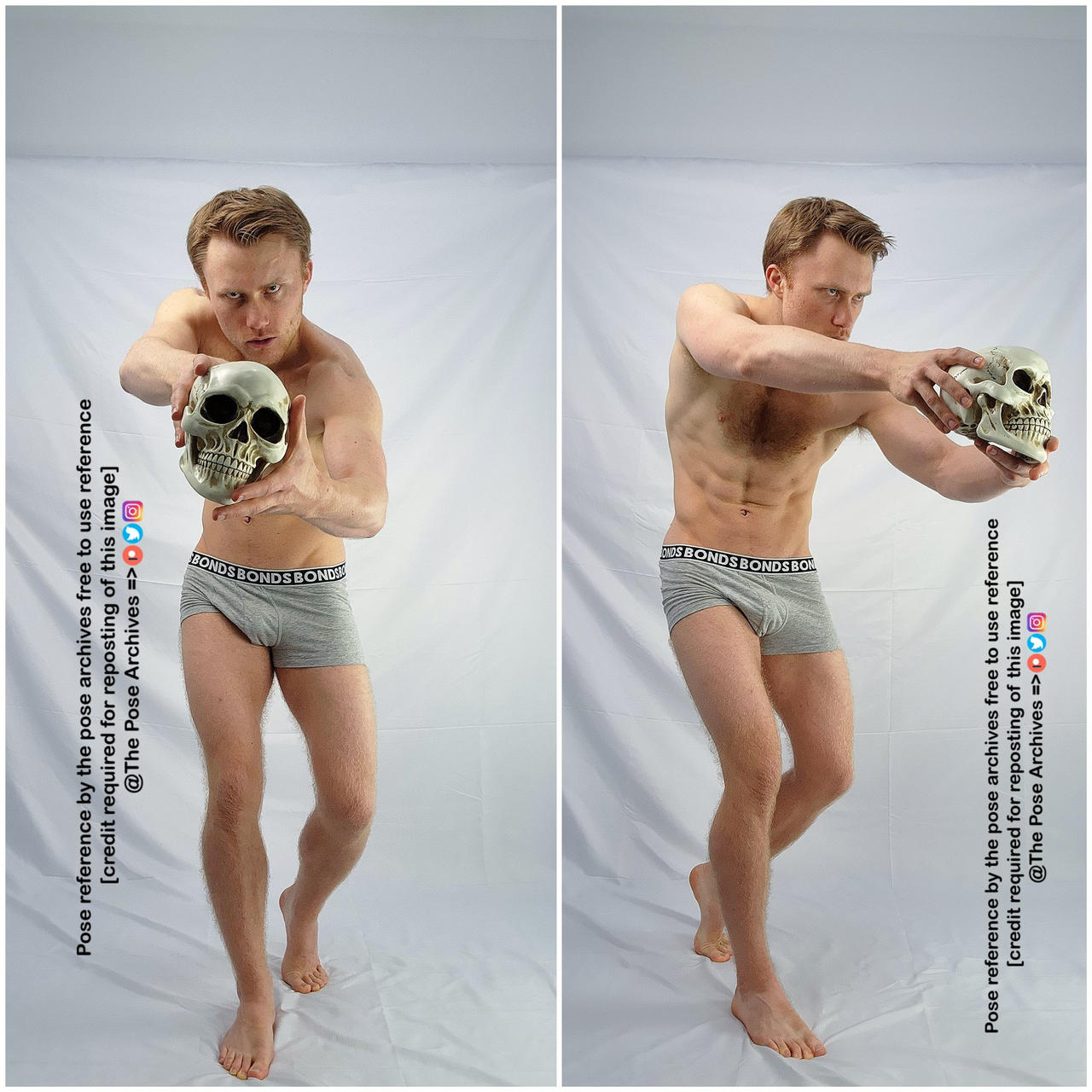 the image shows a man in two different poses, both holding a skull. the background is plain white, and the man is lit with studio lighting. he is wearing grey boxer briefs and has a muscular build. the man is making eye contact with the camera in both photos. in the left photo, he is standing with his feet apart and holding the skull out in front of him with both hands. in the right photo, he is in a more dynamic pose, with his right leg forward and his left arm extended as if he is about to throw the skull.