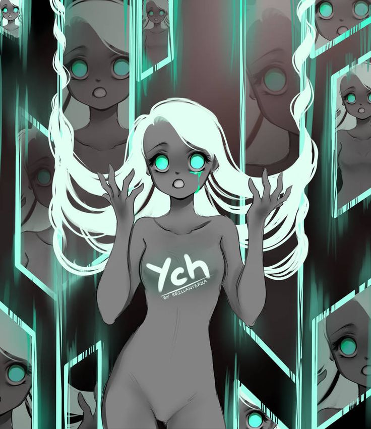 a digital art piece with a surreal and glitched aesthetic. it features an anime girl in a white, gray, and black color scheme, with blue and green neon accents. she's surrounded by abstract, fragmented squares and rectangles that suggest digital glitches or shattered mirrors. the girl has large eyes and a surprised expression, and her long hair is flowing behind her. the overall tone is ethereal and unsettling. the words "ych" and "by brillantezza" are visible on her chest.