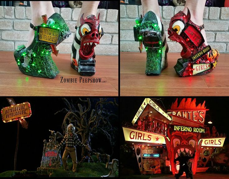 the image shows a collage of four images. the top two images display pairs of novelty highheeled shoes, each themed. the pair on the left seems to be betelgeuse themed, with green, mosslike texture and graveyard decorations, including the words "betelgeuse" on a sign. the pair on the right is red, decorated with a devilish face, and featuring "inferno room" and "girls" signs, reminiscent of a strip club. the bottom left image depicts a scene with the character betelgeuse in a cemetery, standing next to a sign that reads "betelgeuse." the bottom right image displays a building with "dante's inferno room" signage and smaller signs that say "girls," resembling a strip club with a monster theme. the overall impression is a juxtaposition of footwear inspired by horror films and adult entertainment themes.