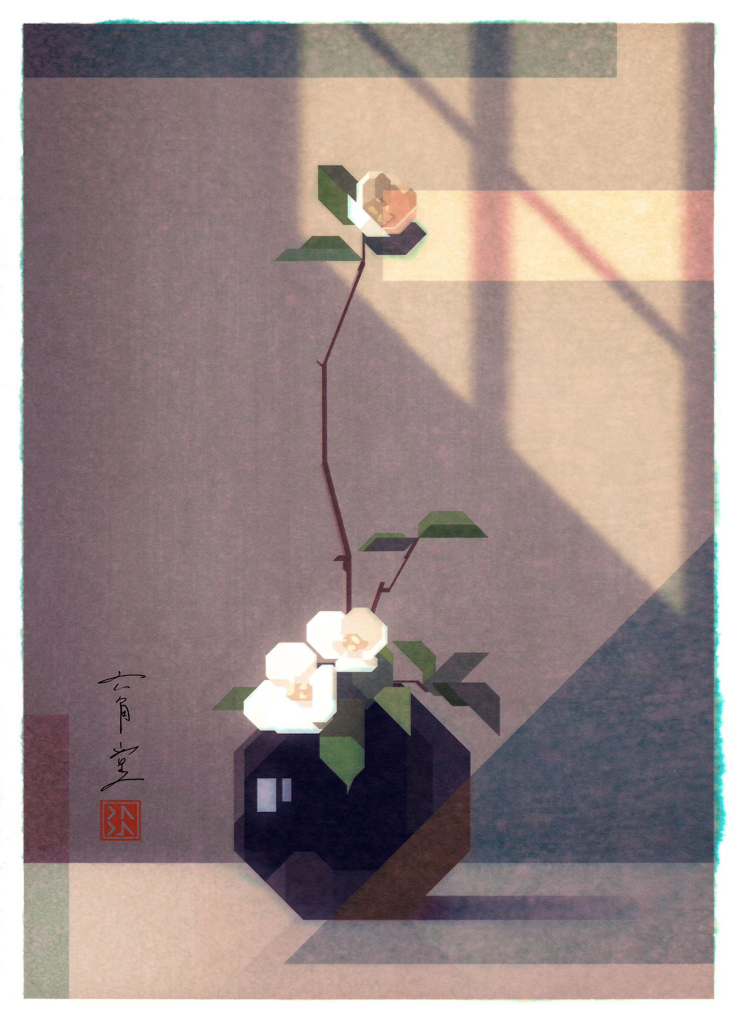 a geometric floral arrangement featuring white and beige flowers in a dark polygonal vase. the background is gray with geometric light and shadow patterns. there's a japanese signature at the bottom left.