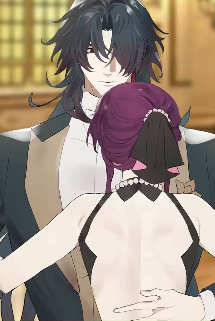 this is a digital illustration of an anime couple. the man is wearing a black tuxedo, while