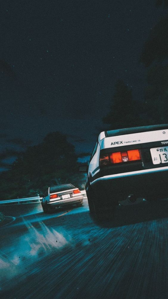 two white sports cars are driving very fast on a mountain road at night. the cars are leaving smoke trails as they drift around the corners. the image has an anime aesthetic.