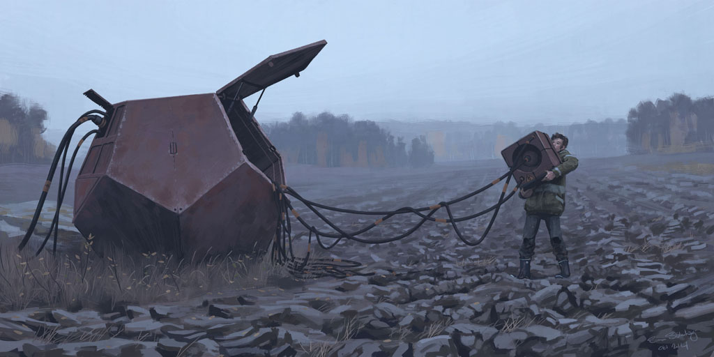 a lone man walks through a bleak, foggy wasteland, carrying a box of some kind, connected by a series of cables to a rusty, metal contraption. the man is walking towards the open horizon, which is obscured by fog. the scene is both desolate and hopeful, suggesting that there is still something to be found in this world, even if it is difficult to find.  it has a futuristic or postapocalyptic feel.