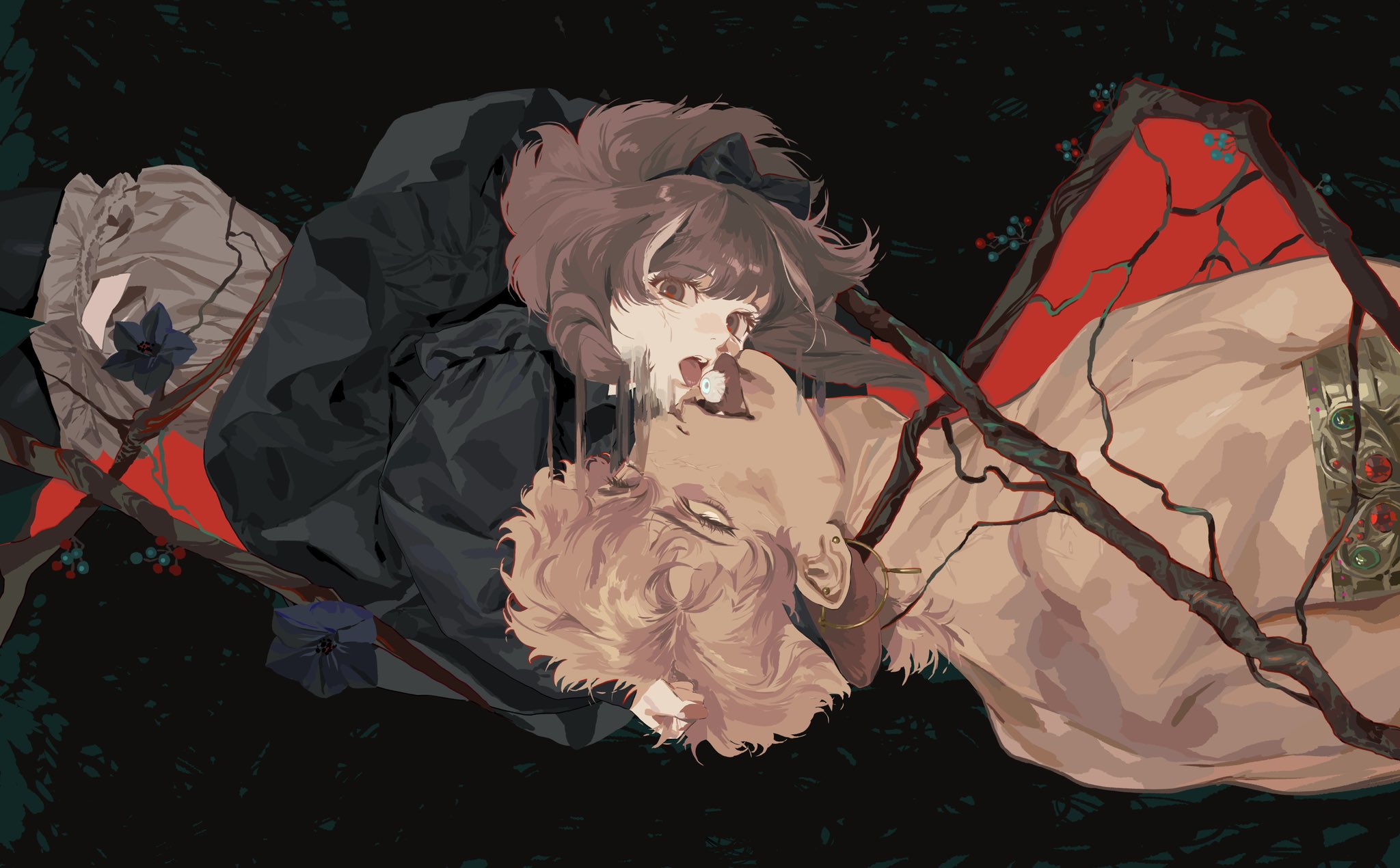 the image is a digital illustration in an anime style, depicting a dark and surreal scene. it features two figures lying down in what appears to be a forest or similarly dark setting. the woman has brown hair styled in a way that suggests animal ears, and she is shown with her mouth open in a possible expression of shock or horror, with an eyeball seemingly floating in her mouth. the man has blonde hair and lies below her, with a similar expression. there are tree branches intertwined with the figures, and touches of red, possibly representing blood. the artwork has a gothic and dramatic feel, with sharp contrasts in lighting and a dark, moody background.