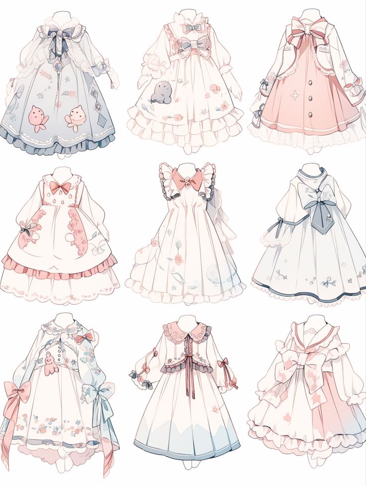 the image displays nine individual sketches of lolitastyle dresses, each featuring intricate details, delicate lines, and a soft pastel color palette. the dresses are adorned with elements like frills, lace, bows, and ribbons, contributing to a whimsical and romantic aesthetic.  the designs showcase variations in neckline, sleeve style, and skirt layering while maintaining a cohesive theme.