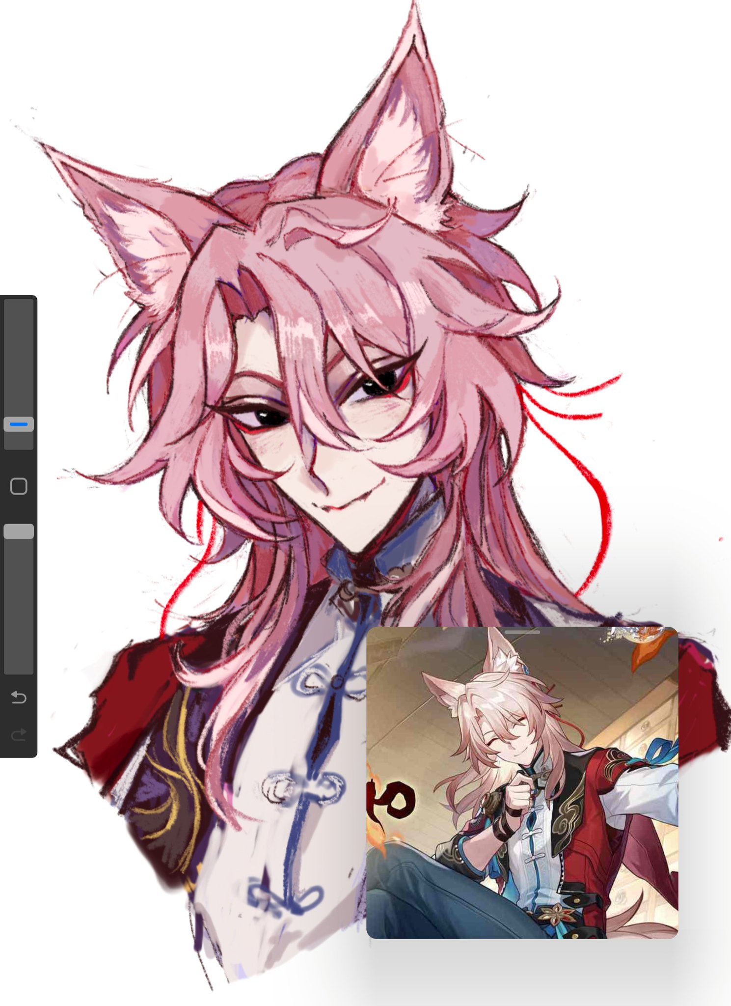 his image shows a digital painting in progress of shenhe from genshin impact. the main focus is on a detailed, stylized portrait of her head and shoulders.  she has long pink hair styled with fox ears, and is wearing clothing evocative of traditional chinese attire.  in the lower right corner, a smaller, more finished image of shenhe is visible, suggesting a reference image or an idea of the final result. the larger painting appears to be in a semifinished state, with visible brushstrokes and some areas left less detailed than others. a drawing tablet interface is partially visible in the upper left, implying the image is being created digitally.