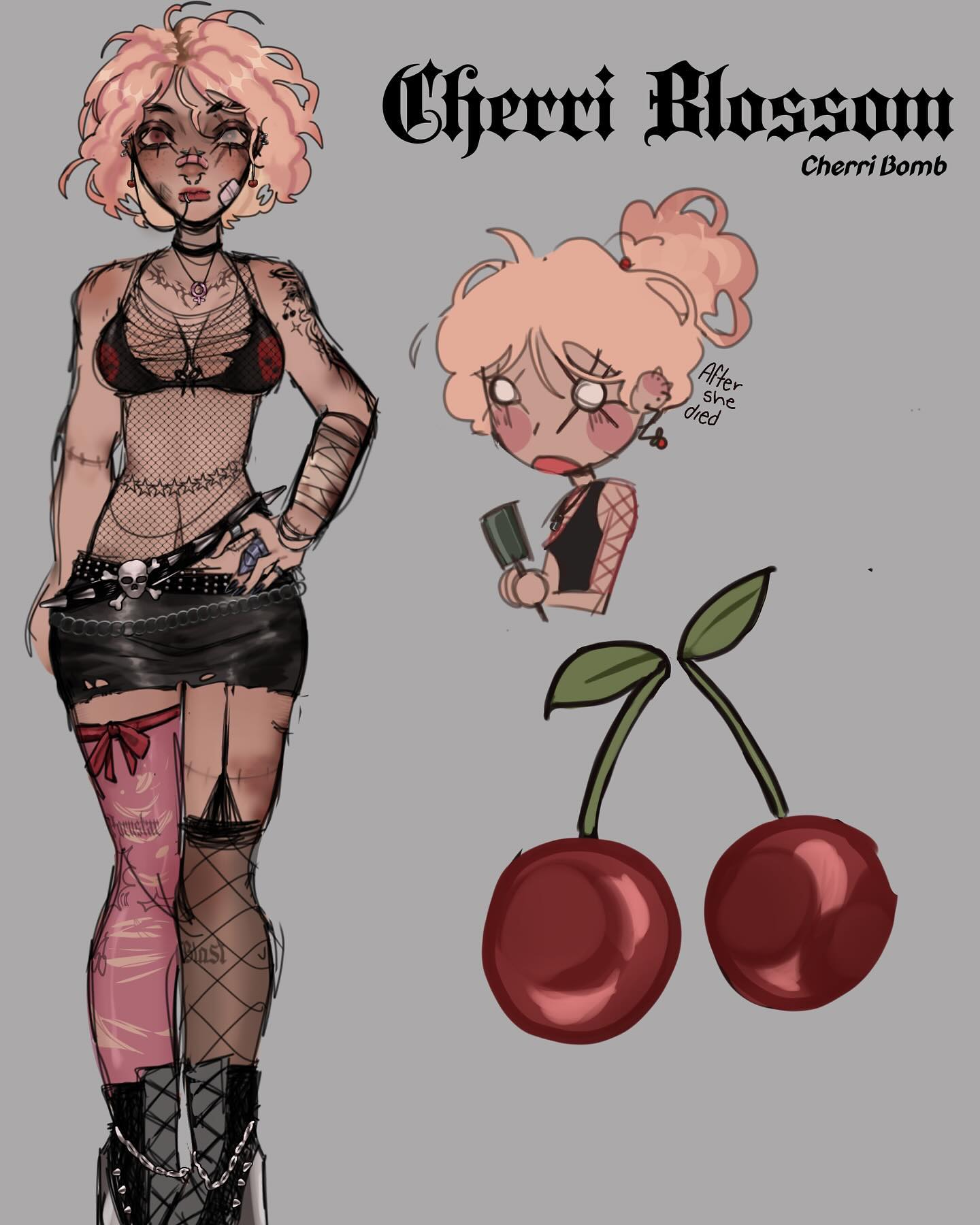 the image showcases a character design named "cherri blossom" (aka "cherri bomb"). it features a fullbody illustration of a young woman with short, pink hair, styled in a punk/goth aesthetic. she has tattoos, ripped stockings, and bandages on her body.  a smaller illustration depicts a chibistyle version of the character, labeled "after she died," suggesting a backstory.  two cherries are also present, visually connecting to the character's name. the overall style is a blend of anime/manga and a darker, more alternative fashion sense. the color palette is predominantly muted pinks, grays, and blacks.
