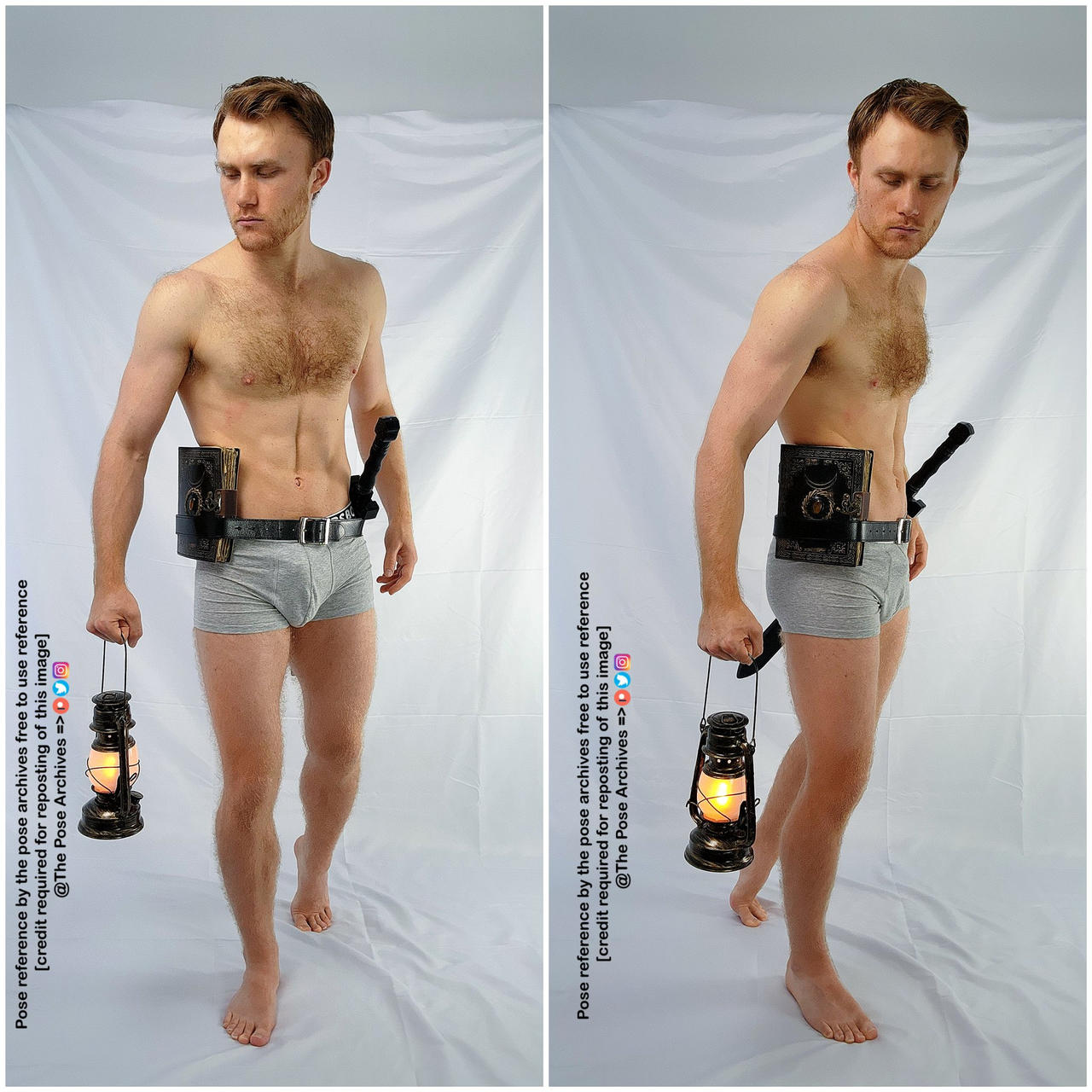 a young man with a toned physique stands against a white background. he holds a lit lantern in his right hand, while a book and dagger are secured to a belt at his waist. he is wearing only underwear. the image is split into two identical halves, providing a clear reference for pose and anatomy.
