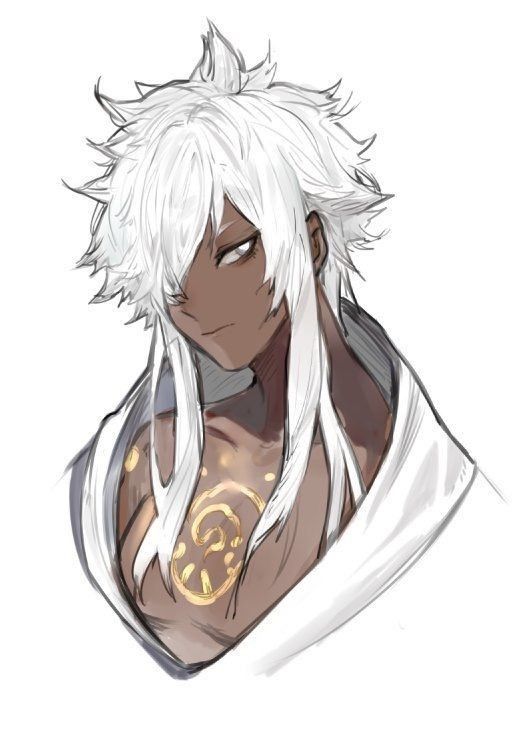 a closeup drawing of an anime male character. he has long, white hair with a sharp part at the top, and dark skin with a large spiral tattoo on his chest. he is wearing a white robe and has a serious expression. he is looking down, with only the top half of his body shown.