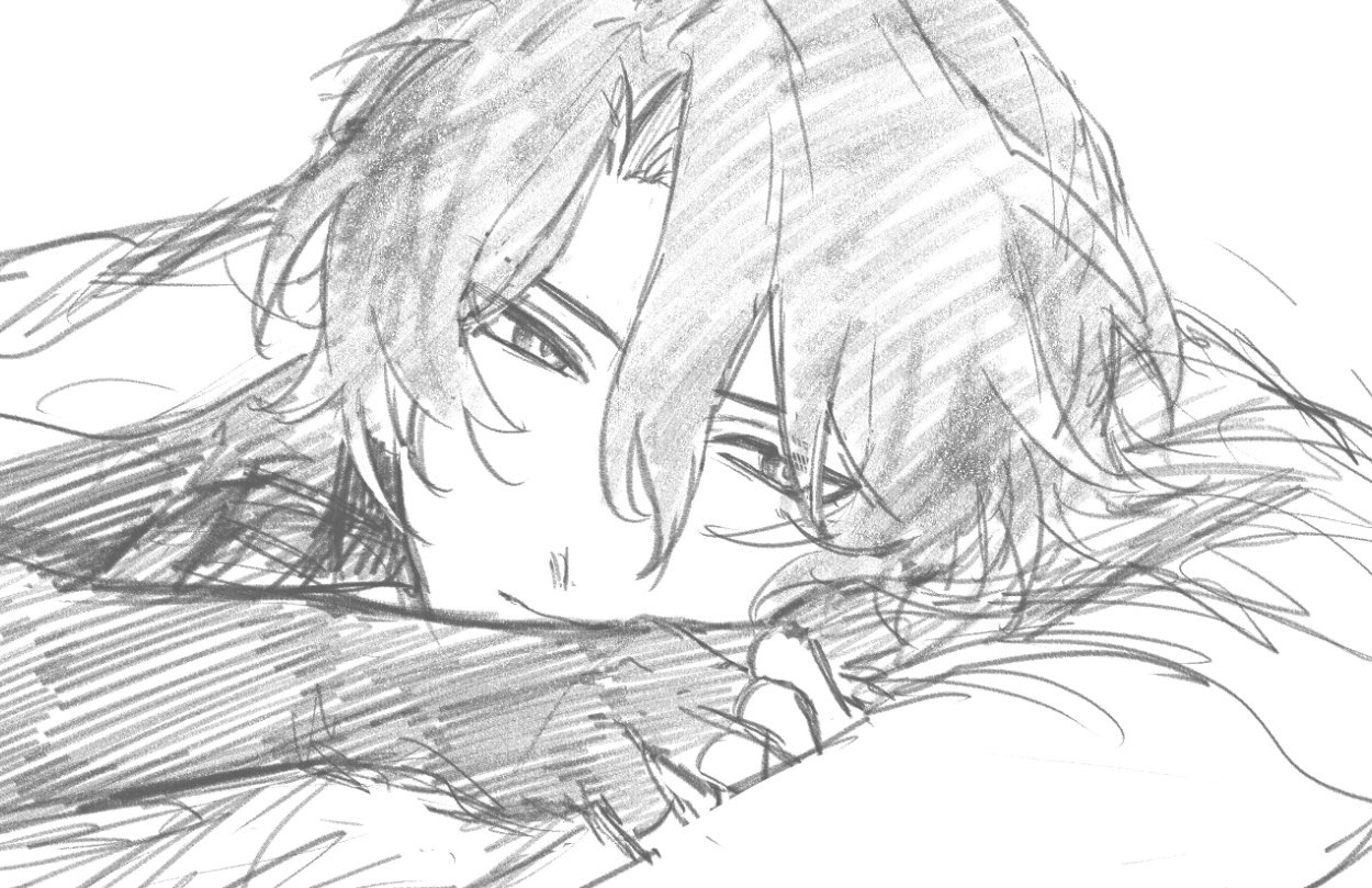 the image is a grayscale pencil sketch of a young animestyle male character. he has dark, somewhat messy hair that partially obscures his face. his eyes are partially visible and appear to be looking downward or slightly to the side. he's lying down, resting his head and upper body on his arms, which are folded under his face. the style is loose and expressive, focusing on capturing the character's mood and expression rather than precise detail. the background is mostly white, with some faint shading suggesting a pillow or bedding. the overall impression is one of calm relaxation.