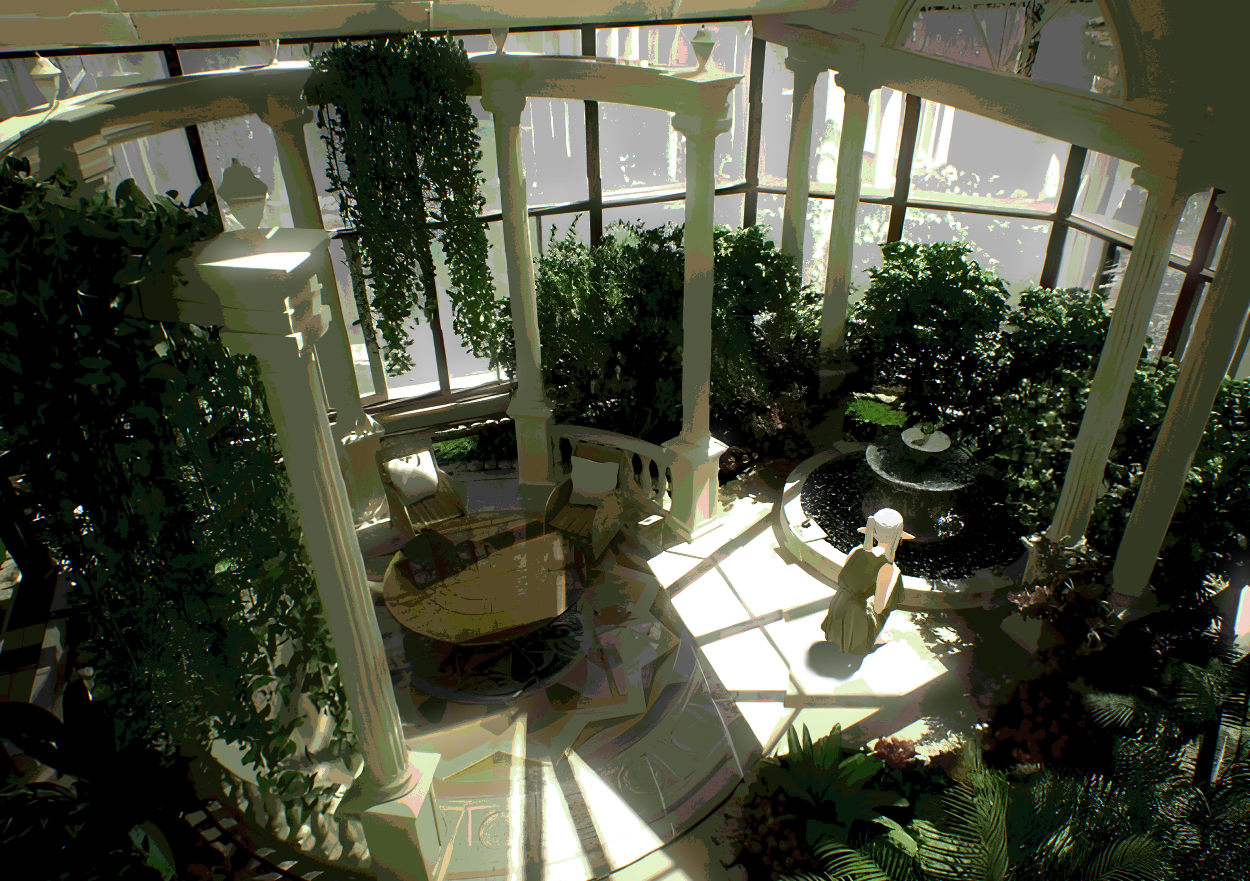 a highangle view of an indoor garden or greenhouse features lush greenery, classical architecture, and a figure kneeling near a fountain. sunlight streams through the glass structure, illuminating the space. a table and chairs are present, suggesting a seating area amidst the verdant environment.
