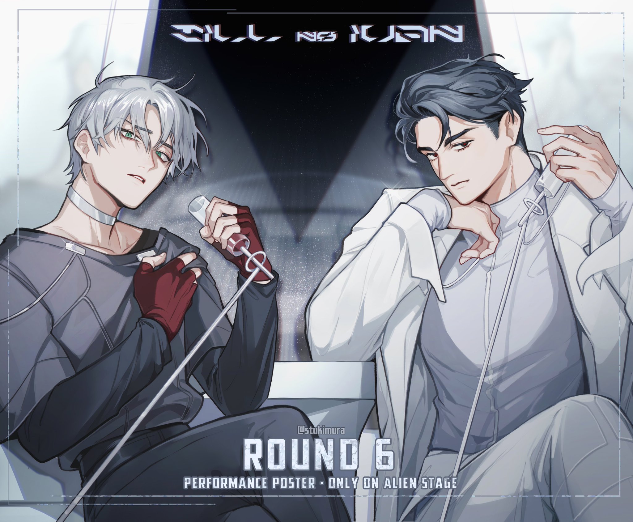 the image features two animestyle male characters in a brightly lit stage setting. the character on the left has silver hair and is wearing a gray shirt with red gloves and black pants. the character on the right has black hair and is wearing a white shirt with a white jacket. both characters have serious expressions and are looking slightly to the left. they are standing in front of a neon sign that reads "round 6" and "performance poster  only on alien stage." the background is a light gray with hints of blue. the art style is digital and stylized, with smooth lines and vibrant colors. the overall tone of the image is cool and mysterious, hinting at a captivating performance.