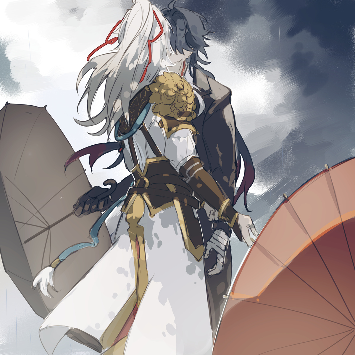 the illustration is an animestyle artwork featuring a young couple in a scene of a rainy or snowy day. the female character is wearing a white kimono with gold accents, she holds a sword and is standing in front of the male character, who's wearing a black suit. the male character's right arm is wrapped around the female character's waist. they both appear to be standing in front of an open umbrella.