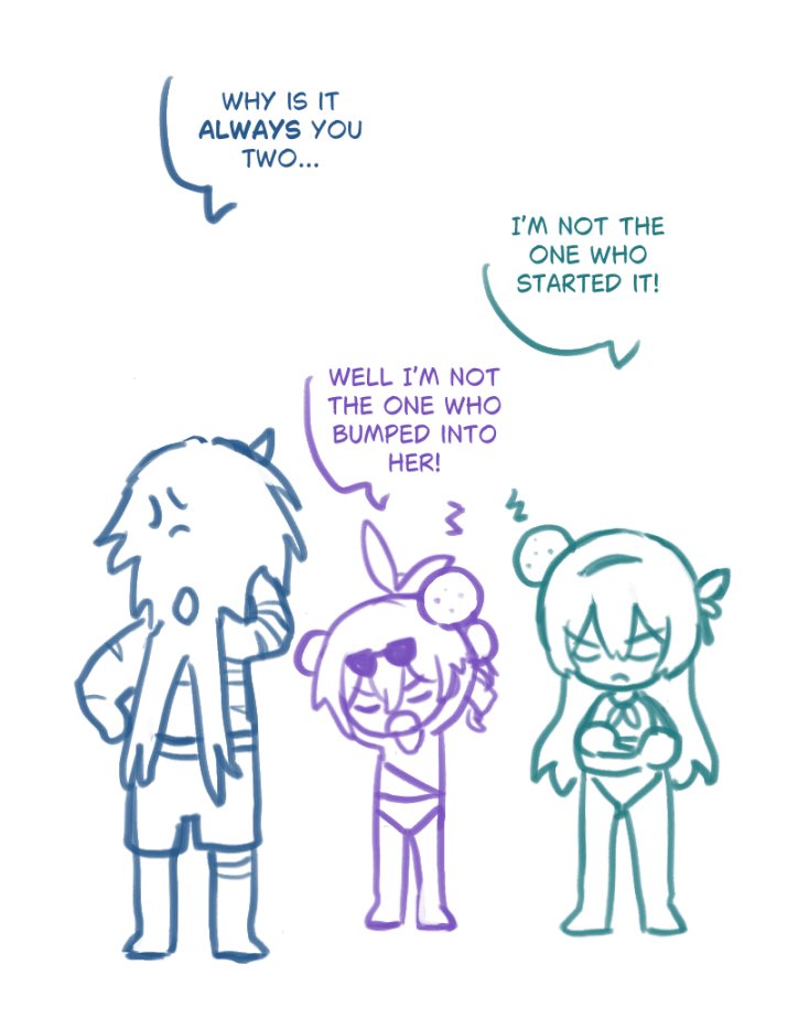 the illustration is of three cartoon characters. the character on the left is a male with green hair, a long nose, and a striped bathing suit. he is looking over at the other two characters. in the middle of the image is a female character with blonde hair and sunglasses, and she is wearing a bathing suit with a black belt. the female character on the right has pink hair and she is also wearing a bathing suit, but hers is a different style. her hair is tied up in a ponytail. there are speech bubbles around them with the words "why is it always you two...", "i'm not the one who started it!", and "well i'm not the one who bumped into her!".