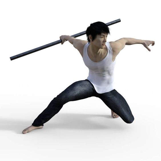 a 3d render of an asian man in a white tank top and jeans practicing martial arts with a staff. he is in a dynamic pose, showing off his strength and agility. the background is completely white.