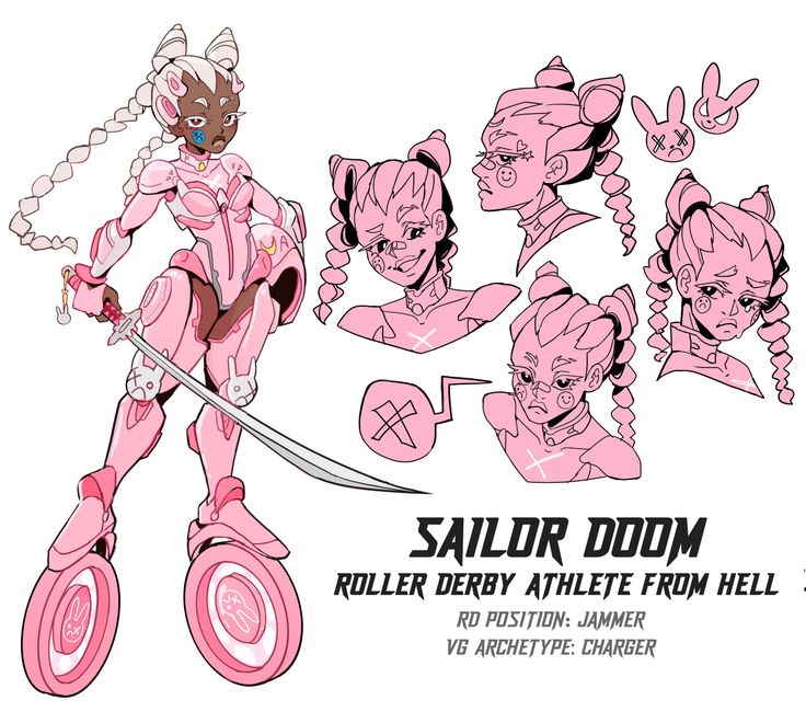 this image features a cartoon character design of a female cyborg in a pink and white outfit, with a black sword in her hands. she has white hair with pink braids, and her face is a mix of black and white. the character is standing on roller skates with bunny ears. the image includes additional drawings of the character's head in different expressions, including a sad one, and a cute bunny head. this design appears to be for a video game character.