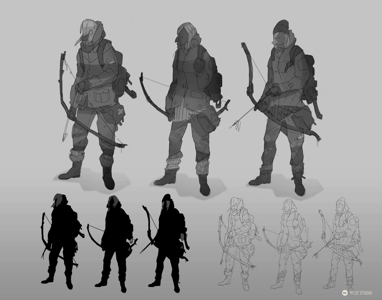 the image presents a series of character design sketches for a female archer in a possible postapocalyptic setting. it showcases various iterations of her clothing and gear, along with silhouette studies to demonstrate her posture and shape. she is outfitted with practical clothing layered for warmth, a quiver of arrows, and a bow slung across her back. the grayscale palette suggests a focus on form and composition, leaving color application for a later stage.