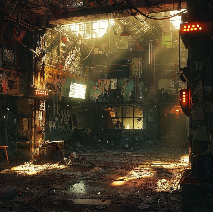 the image showcases a dilapidated industrial interior, likely an abandoned factory or warehouse. sunlight streams through the grimy windows and holes in the ceiling, illuminating the dust particles dancing in the air.  the scene is devoid of people, emphasizing the sense of abandonment and decay.  the color palette is muted and earthy, with browns, yellows, and oranges dominating the scene. the overall impression is one of desolation and faded glory.