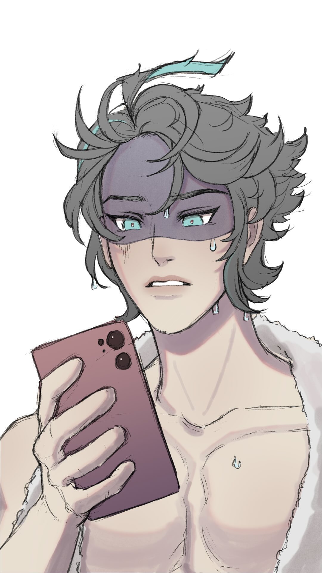 he image is a digital drawing or fanart of a young animestyle male character. he has messy, light grey hair with a hint of light teal, and he's depicted from the chest up. the character is shirtless, wearing only a lightcolored robe, and appears slightly stressed or worried, indicated by the beads of sweat on his face. his expression is concerned, and he's looking down at a smartphone he's holding in his hands.  the art style is somewhat casual and loose, with visible brushstrokes, giving it a softer, less polished look.  the background is plain white, focusing attention entirely on the character.