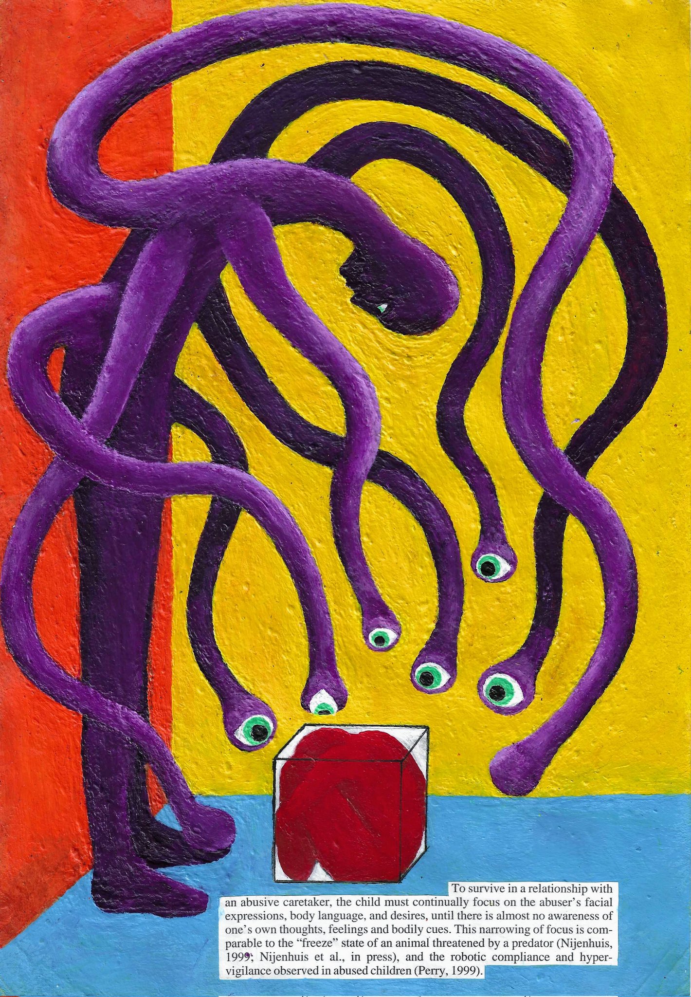 an abstract painting depicting a purple figure with multiple eyes and tentacles. the figure is towering over a red heart in a box. the image represents the overwhelming, suffocating, and dangerous nature of abusive relationships. the figure's multiple eyes symbolize the constant fear and vigilance that victims of abuse experience, while the tentacles represent the controlling and manipulative tactics used by abusers. the red heart in the box symbolizes the victim's vulnerability and innocence.