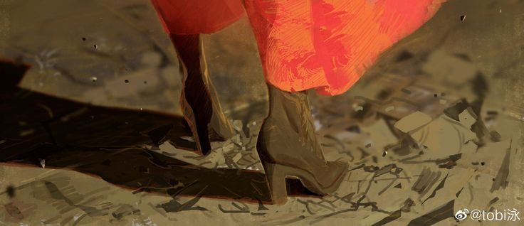the image is a digital painting or illustration showing a closeup view of a woman's legs and feet. she's wearing highheeled boots and a red or orange dress. the setting appears to be a ruined or postapocalyptic scene, with the ground covered in broken glass or debris. the overall style is grunge and textured, creating a dramatic and somewhat dystopian atmosphere. the focus is on the contrast between the woman's elegant footwear and the harshness of her surroundings.  the artist's style is expressive and painterly, rather than photorealistic.