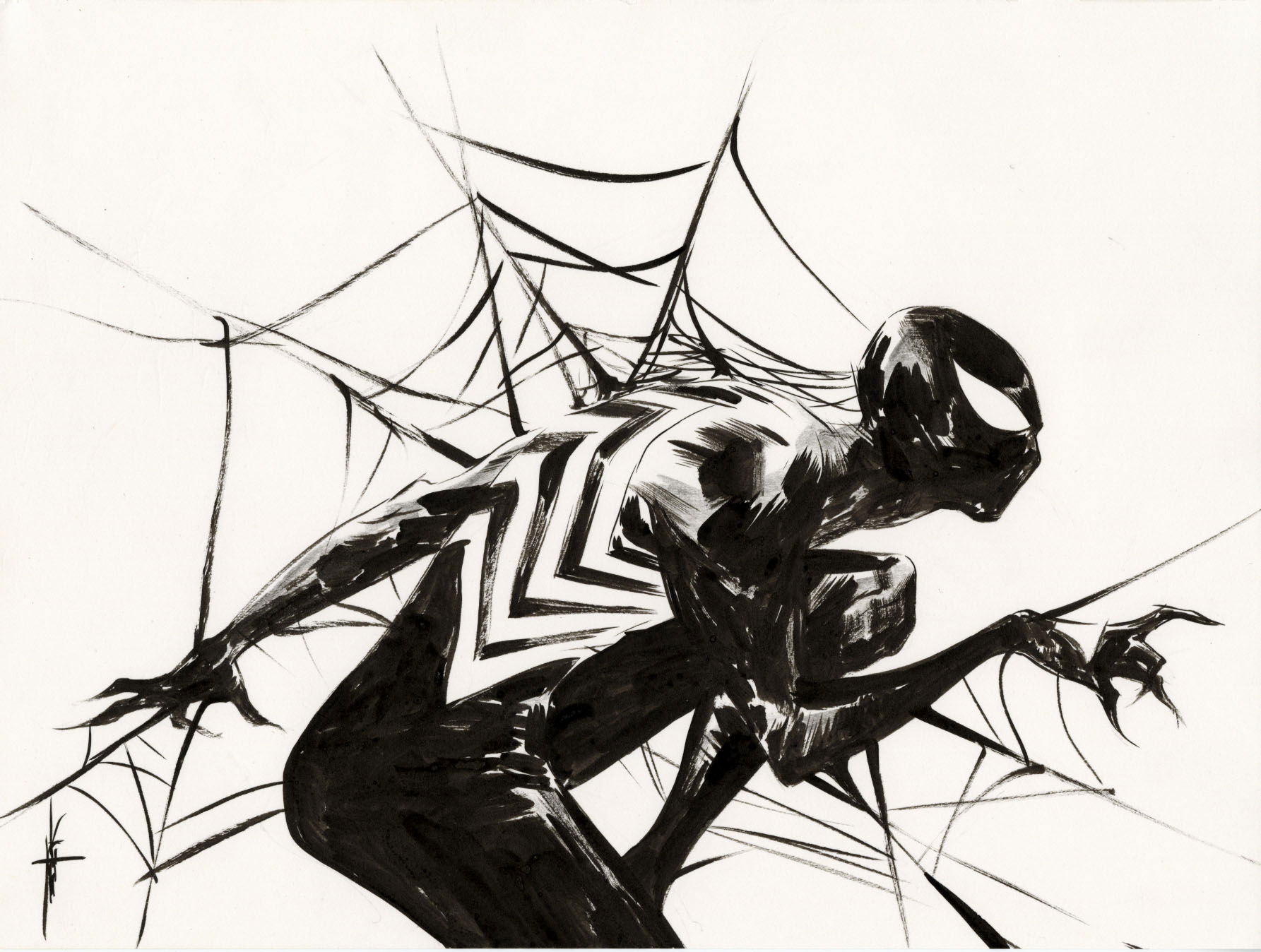 this is an illustration of spiderman in his black suit, with a spider web behind him. the image is drawn in black ink, with the spiderman figure appearing in a dark and menacing way.  the web behind him adds to the intensity of the image.