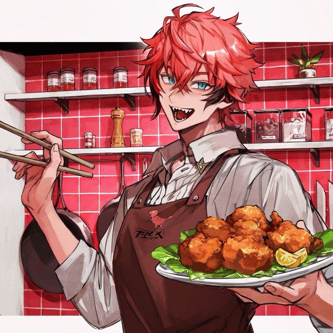 this animestyle illustration depicts a redhaired male character with green eyes, dressed in a white shirt and brown apron. he is smiling and holding chopsticks in one hand, and a plate of fried chicken with a slice of lemon in the other.  he is standing in a kitchen, suggesting he is a waiter or chef at a restaurant, ready to serve his customers.