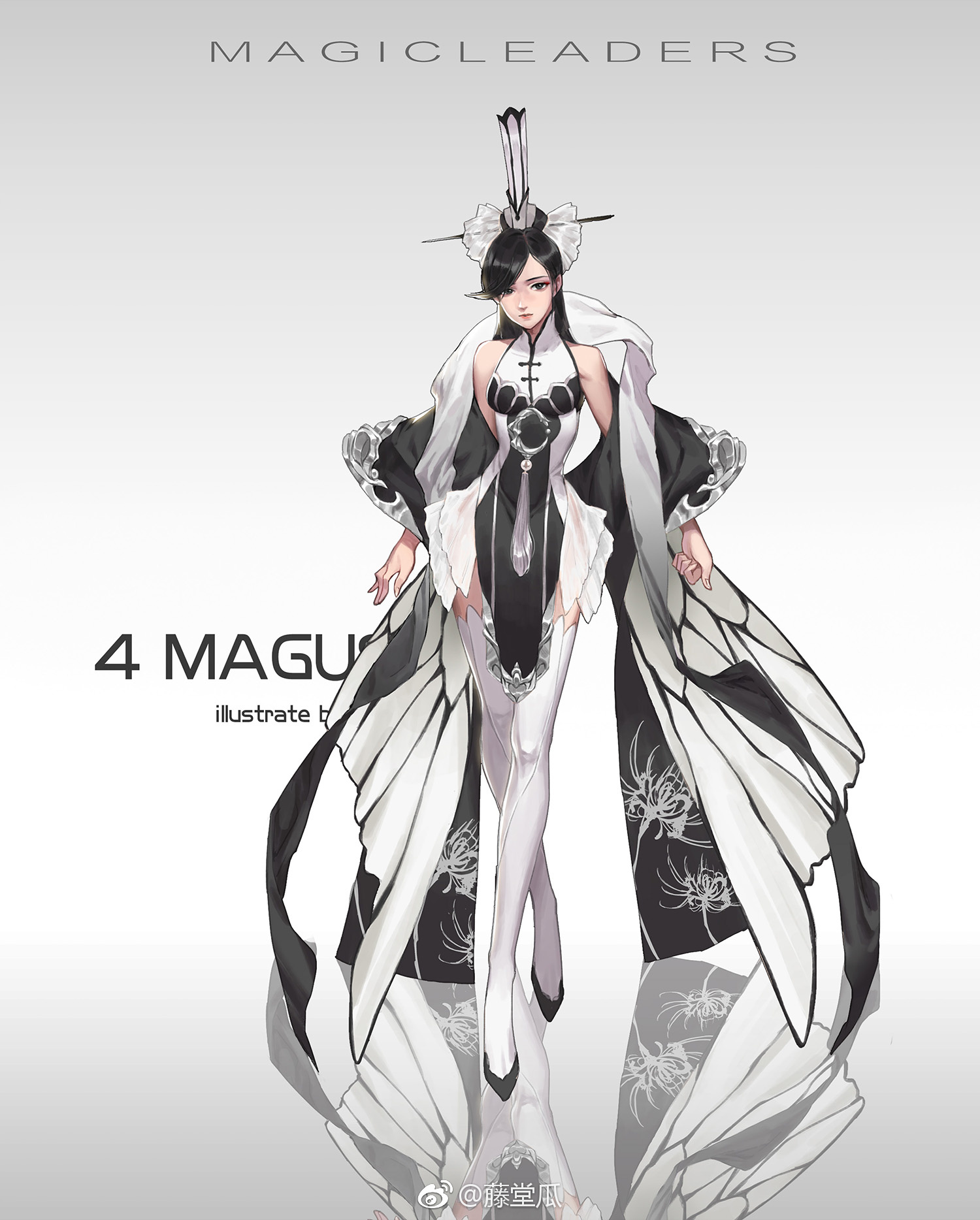 this digital artwork features a beautiful anime girl with long dark hair and blue eyes. she is wearing a black and white kimonolike dress with a butterfly motif. she has a graceful and elegant pose, standing with her head slightly tilted to the side. the background is a simple white, making the figure stand out. the overall image is whimsical and magical, with a touch of elegance.