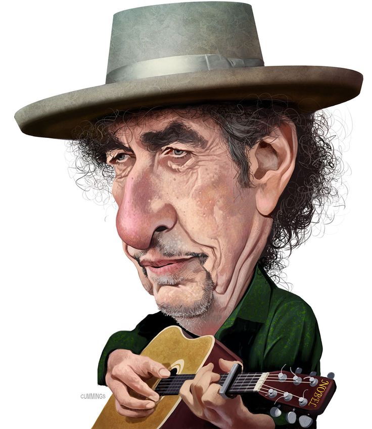 a caricature of bob dylan wearing a hat and playing a guitar.