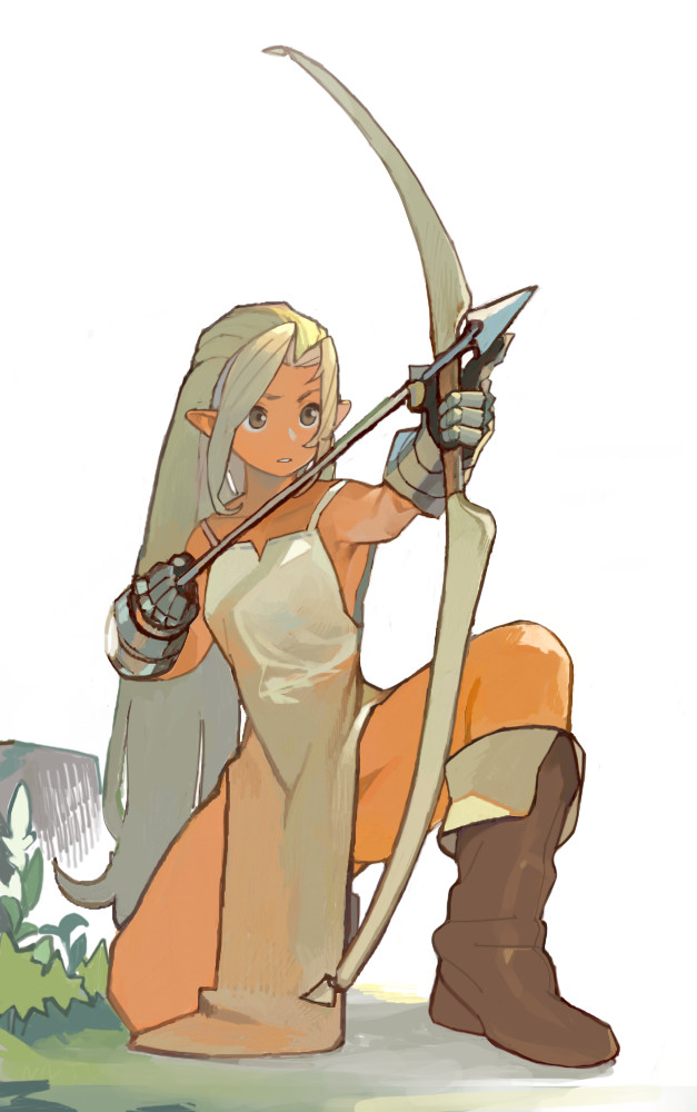 this is a digital art illustration of a female archer, with a bow and arrow in her hands. she is wearing a white dress and brown boots, kneeling and aiming at something offscreen. she has long, white hair and pointy ears, and her face has an intense expression. the illustration is done in a cartoon style, with a soft, whimsical aesthetic.