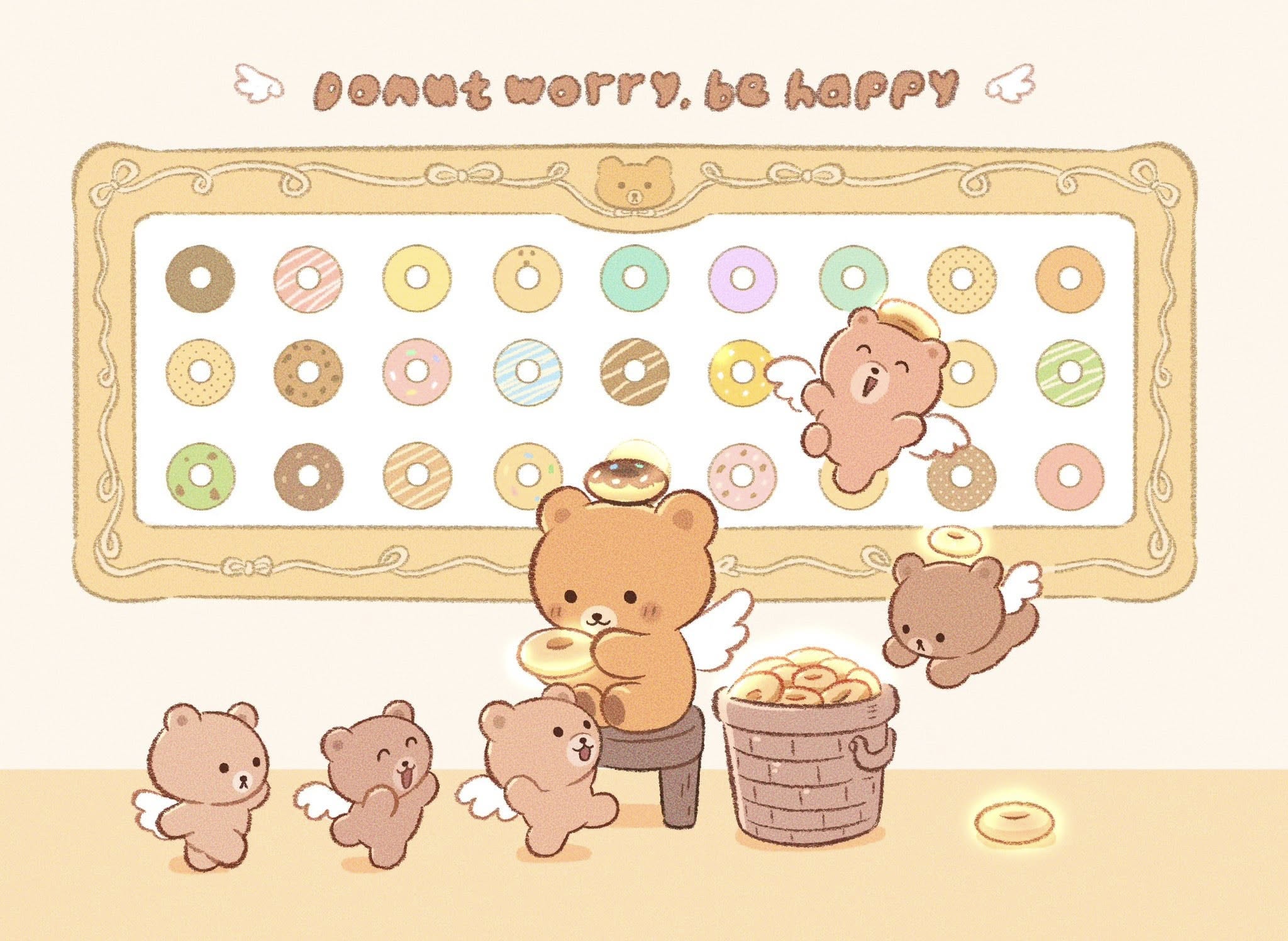 this charming illustration features several adorable cartoon teddy bears with angel wings. one larger bear is seated near a framed wall displaying an assortment of colorful donuts, and seems to be holding a donut.  three smaller bears are standing to its left. another winged bear is flying, seemingly dropping more donuts into a small woven basket. the scene is set in pastel colors with a lighthearted, whimsical style. above the donut wall it says "donut worry, be happy". the overall mood is sweet, playful, and innocent.