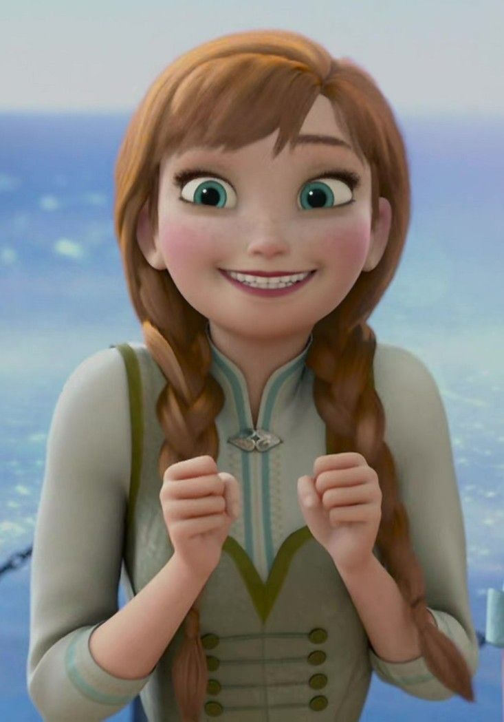 a closeup shot of anna from disney's "frozen" films. she's depicted as a happy, slightly excited young woman with her characteristic red hair in braids. she is wearing a lightgreen dress with olivegreen accents and has braces on her teeth. the background is blurred, showing a blue sky and water, suggesting an outdoor setting. the image appears to be a still from one of the films.  her facial expression is cheerful and animated.