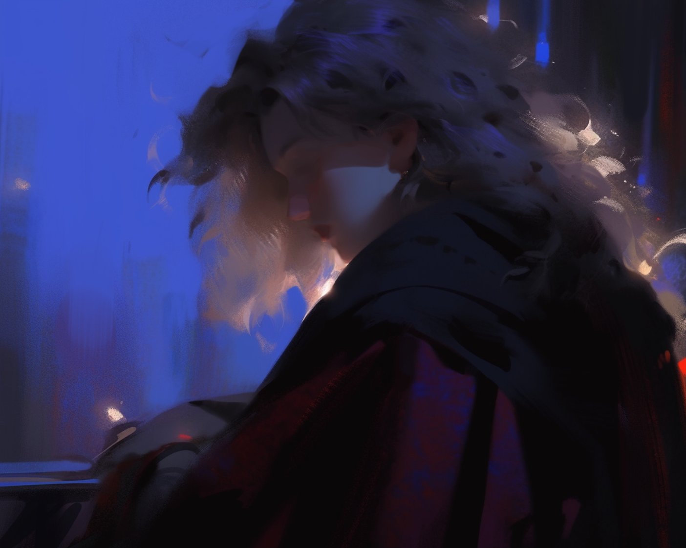 a digital painting of a woman with long blonde hair, seen from the side, her face partially obscured by shadows, wearing a dark cloak and a bright red piece of clothing showing through the bottom edge of her cloak. the woman looks somewhat downcast and contemplative, and her expression is obscured by shadows. the background is a soft blue, with hints of light. the overall style of the painting is dramatic and mysterious.