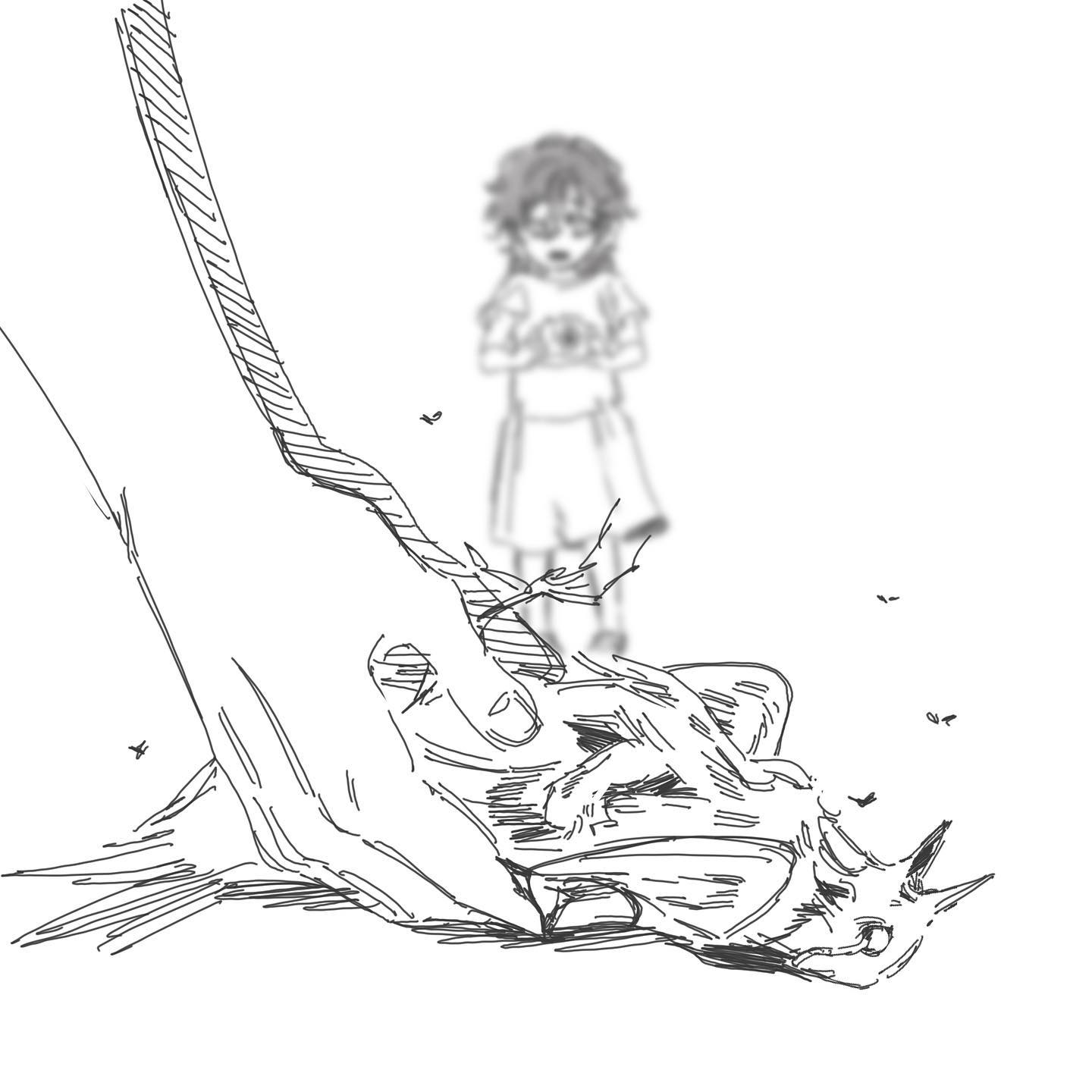 a girl is standing, looking at a creature laying on the ground. the creature has wings and appears to be hurt. the girl is wearing a dress and has long hair. the creature is lying on its back with its wings spread out. it appears to have been injured or fallen from a tree. the girl's expression is one of sadness or concern. the scene suggests a sense of loss or sorrow. the drawing is done in a simple, sketchy style. the lines are thin and the shading is minimal. the overall effect is one of ethereal beauty and fragility.
