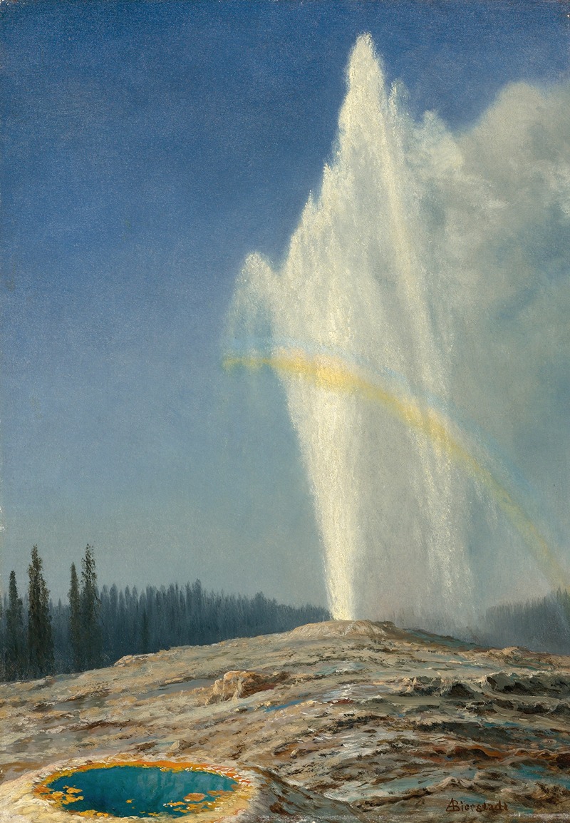 this is a landscape painting by albert bierstadt depicting old faithful geyser erupting in yellowstone. the geyser is a tall, white plume of water and steam against a blue sky. a yellow or golden color can be seen toward the top of the geyser. in the foreground, there is a textured, rocky terrain with a small pool of blue water with an orange rim. a line of dark green trees appears in the background. the signature "abierstadt" is visible in the bottom right corner.