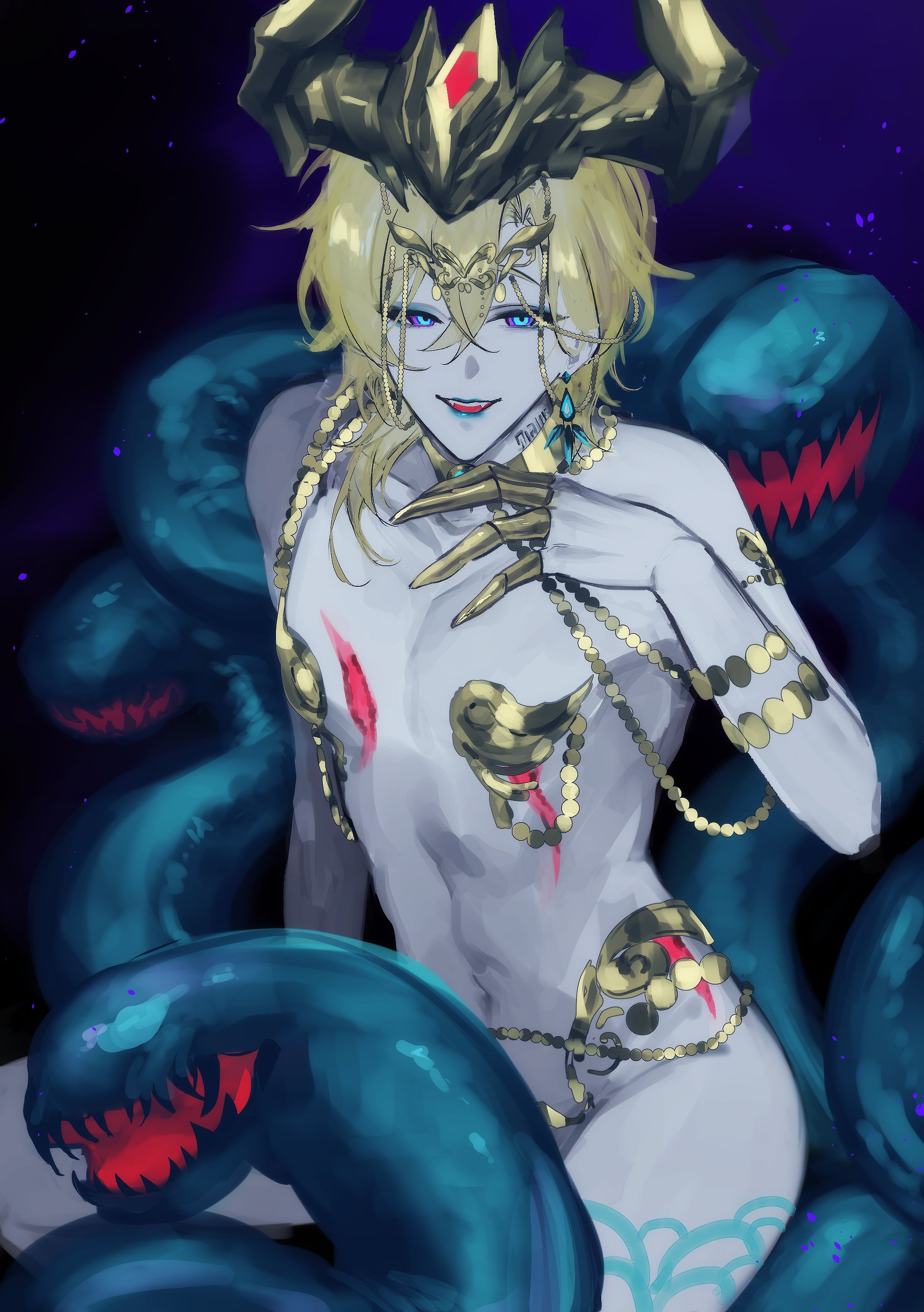 this animestyle digital illustration shows a beautiful male character with long blonde hair wearing a gold crown with horns and lots of gold jewelry. he is surrounded by large blue snakes with red mouths. he has a red mark on his chest. the background is dark blue with stars.