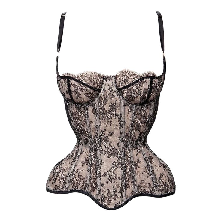 a beige corset with black lace overlay is shown in the image. the corset has a fitted shape, bustier cups, and adjustable straps. the lace design is floral. the corset has an hourglass silhouette.