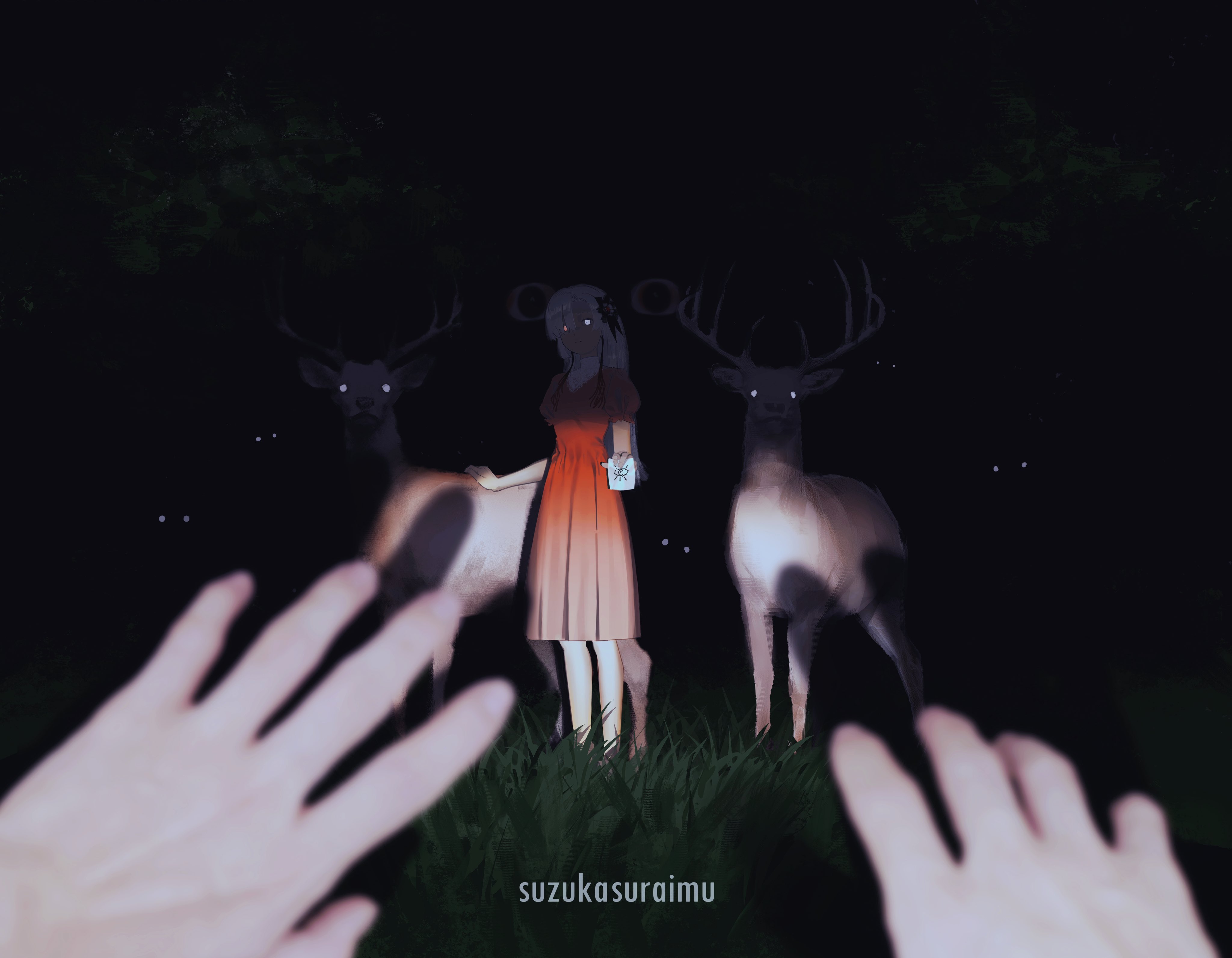 the image shows a young woman in a red dress standing in a dark forest at night. she is surrounded by three deer with glowing eyes. the scene is lit by dim moonlight, creating a mystical and ethereal atmosphere. the perspective is from the point of view of someone reaching out to the woman, their hands visible in the foreground.