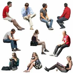 he image shows eleven individuals of various ages and ethnicities, all captured in different seated poses against a clean white background. they are dressed in casual attire, and the overall mood is relaxed and candid.  the lack of background details suggests a studio setting or digital extraction.