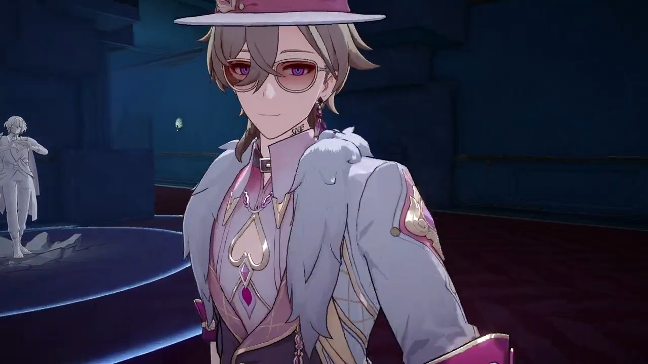 this image is a closeup shot of the genshin impact character scaramouche. he is wearing a white hat, sunglasses, a white furtrimmed jacket, and a pink and gold shirt. he has purple hair and is standing in a blue and purple room.  the image is from a video game and is in an anime style.