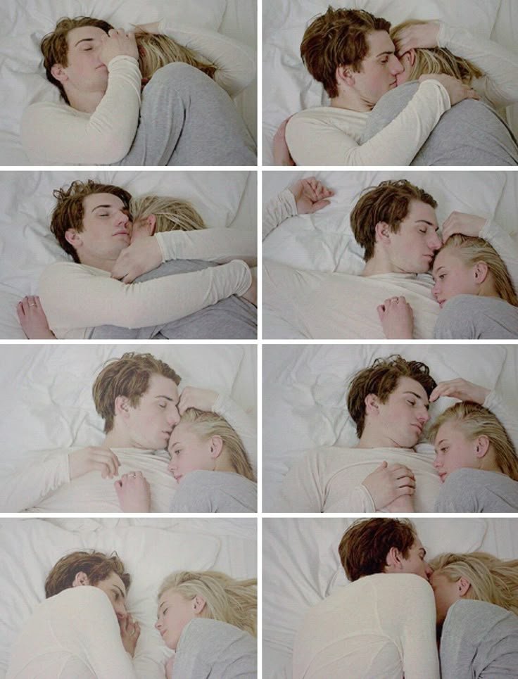 a grid of eight images shows a couple in bed. the woman has blonde hair and is wearing a gray shirt. the man has brown hair and is wearing a white shirt. in the first row, the first image shows the man holding the woman's head. the second image shows the man kissing the woman's head. in the second row, the first image shows the man hugging the woman tightly. the second image shows the man with his hand on the woman's forehead. in the third row, the first image shows the man with his hand on the woman's head. the second image shows the man with his hand over the woman's eyes. in the fourth row, the first image shows the man and woman looking at each other. the second image shows the man kissing the woman's head again. the overall tone of the images is affectionate and loving.